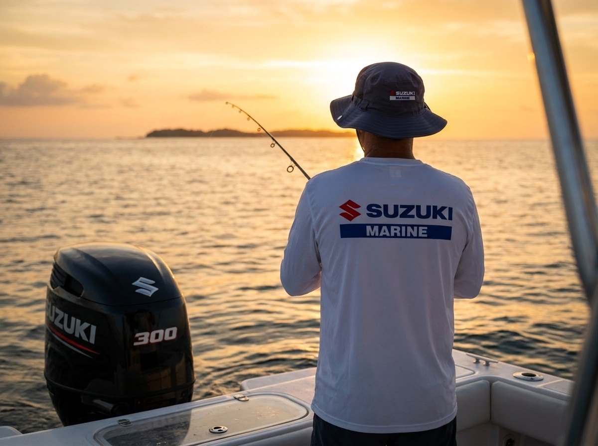 Uniforme Suzuki Marine bordado, en un día de pesca